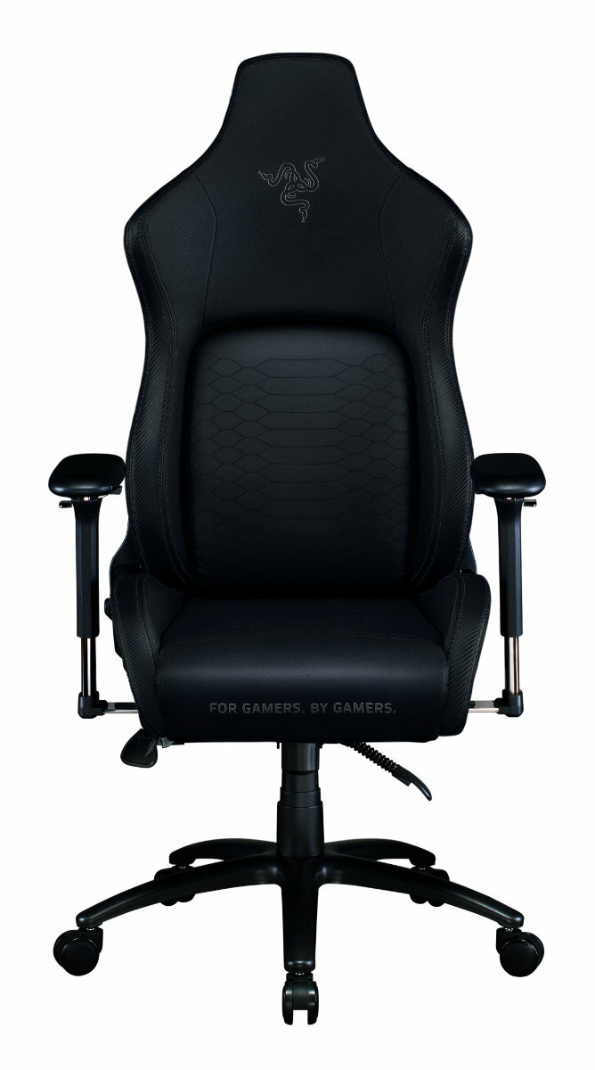 Czarny fotel gamingowy Razer, z wysokim oparciem, podłokietnikami i podstawą z kółkami. Logo Razer znajduje się na górze.