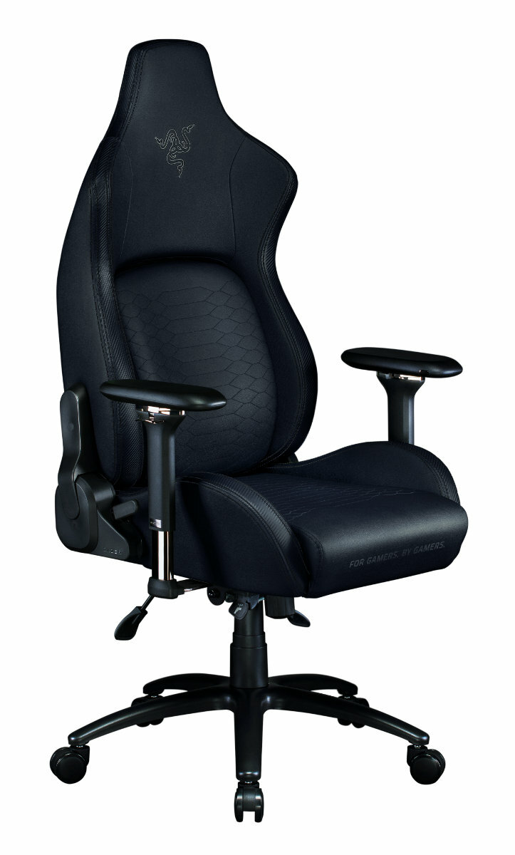 Czarny fotel gamingowy Razer. Wysokie oparcie z logo, podłokietniki i czarna podstawa.