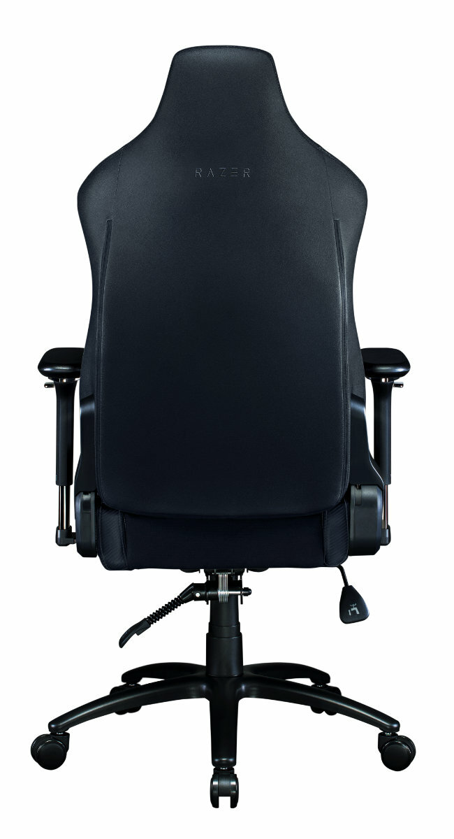 Tył czarnego fotela gamingowego Razer. Logo Razer jest widoczne.