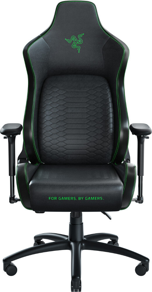 Czarny fotel gamingowy Razer z zielonymi akcentami. "FOR GAMERS. BY GAMERS."