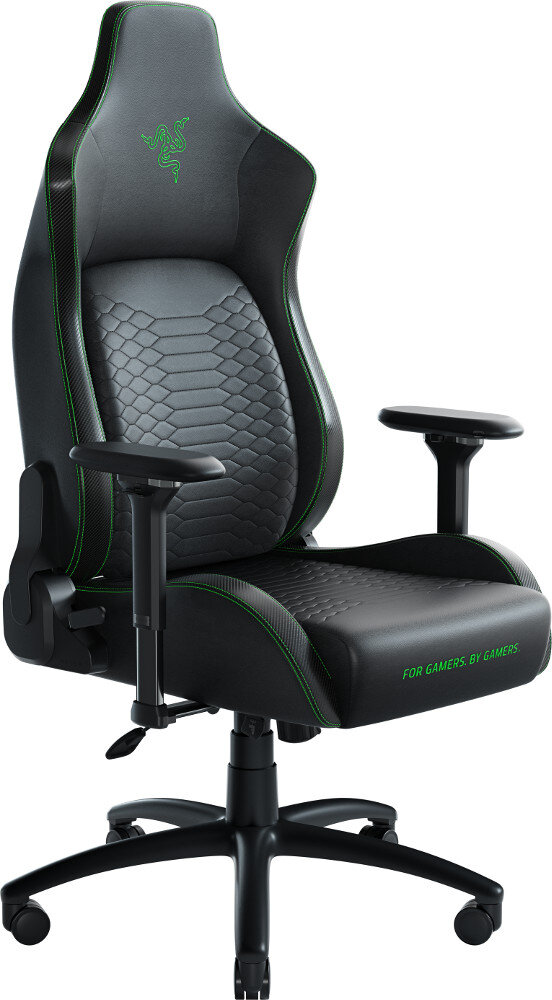 Czarny fotel gamingowy z zielonymi akcentami, logo Razer i napisem 'For Gamers. By Gamers'.