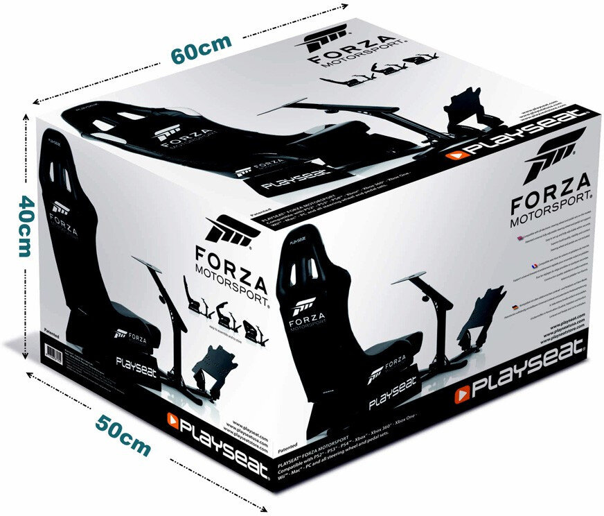 Pudełko z logo Forza Motorsport, Playseat i wymiarami: 60x50x40cm.