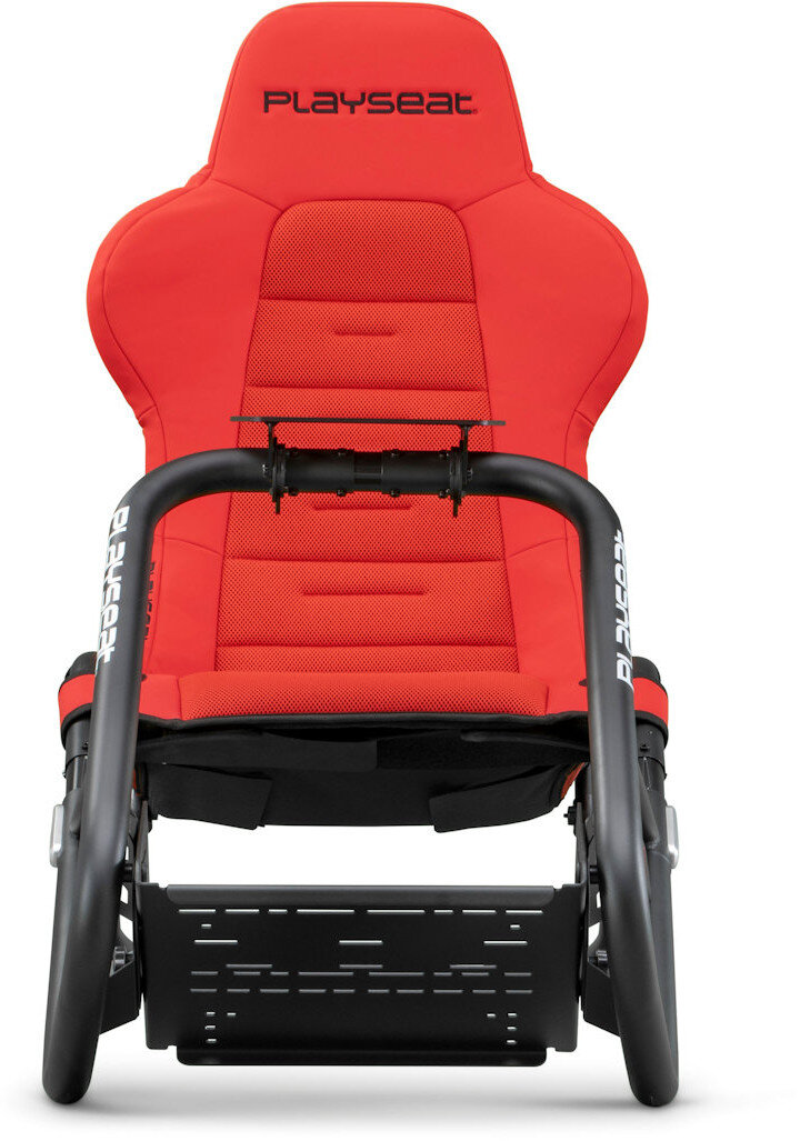 Czerwony fotel wyścigowy Playseat z czarną ramą, widok z przodu, białe tło.