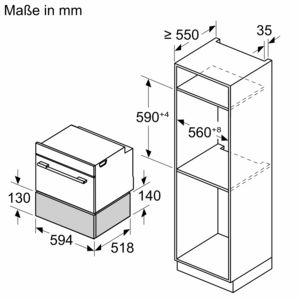 Eine schematische Darstellung eines Ofens mit Maßen in Millimetern und einem Schrank.