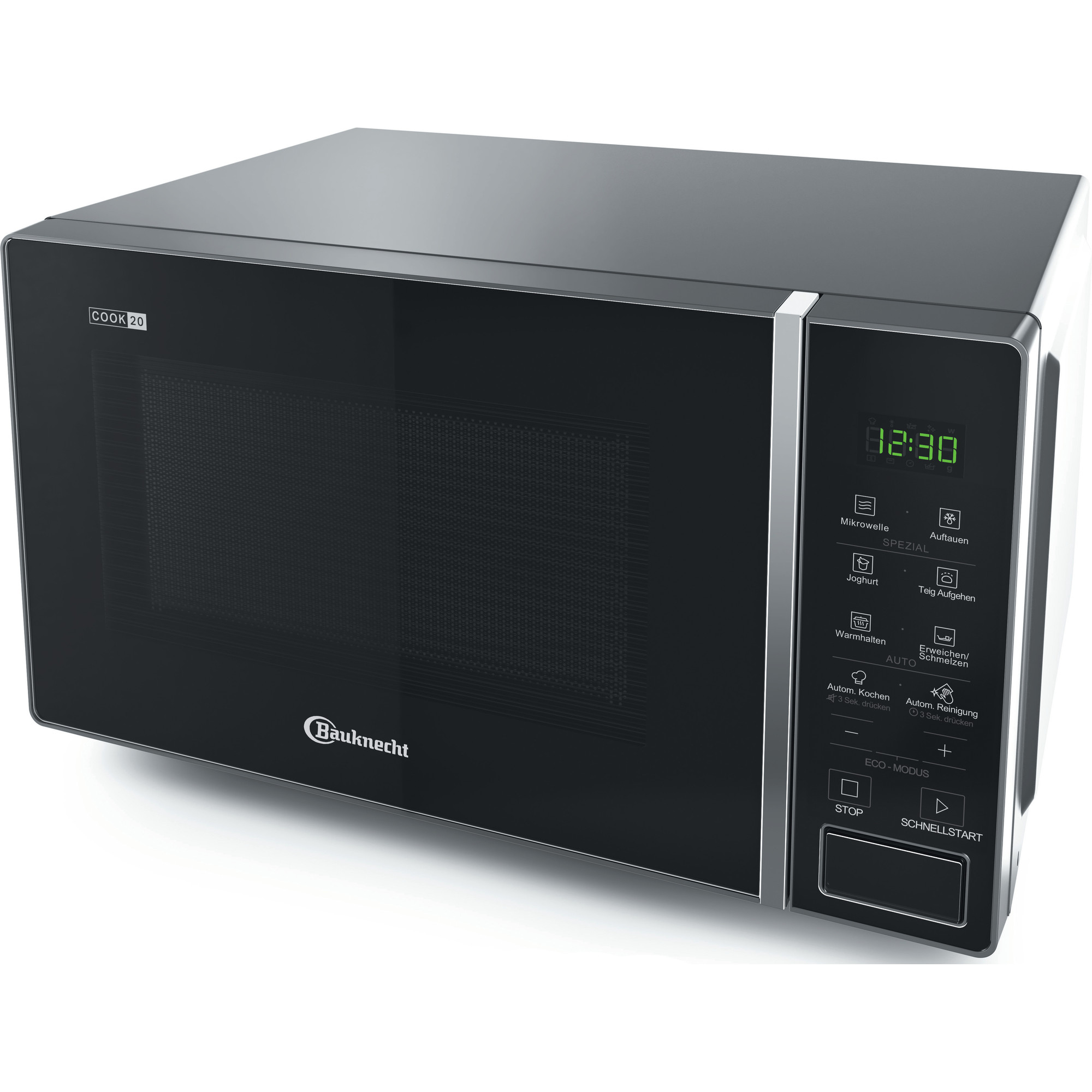 Schwarze und silberne Mikrowelle. Sie hat ein digitales Display und Knöpfe.