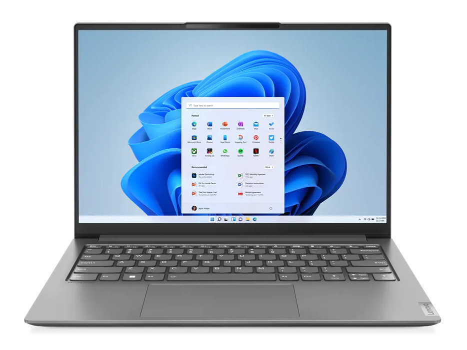Laptop, otwarty, Windows 11, ikony aplikacji, szara ramka, jasne tło.