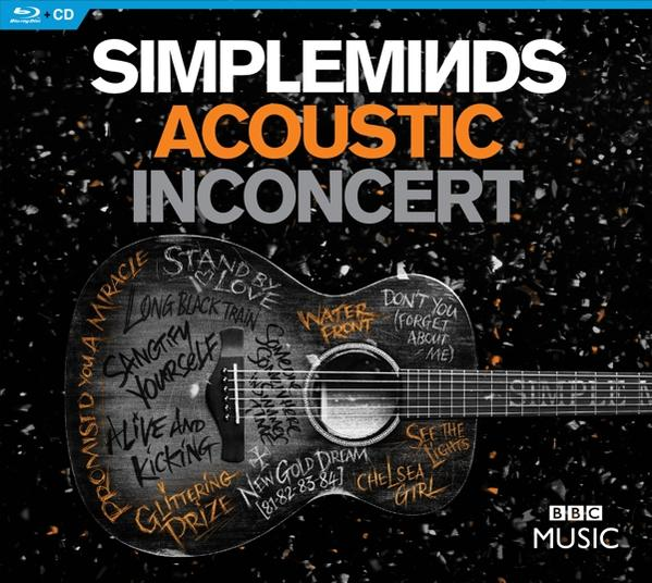 Simple Minds - Acoustic in Concert album borítója, gitár dizájnnal. Fekete háttér.