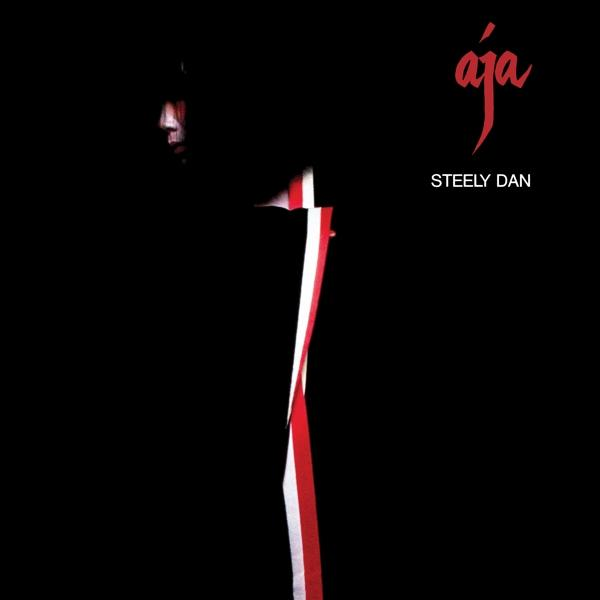 Steely Dan - Aja album borítója, fekete háttér figurával és piros/fehér csíkokkal.