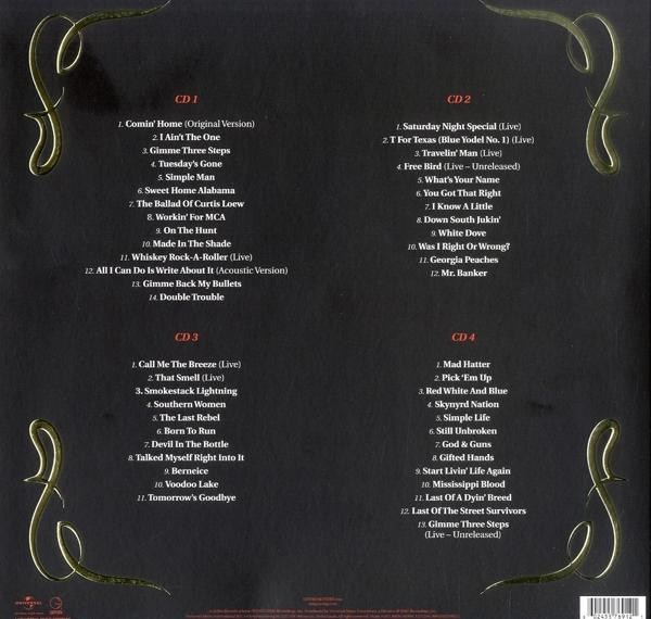 Albumcover mit vier Abschnitten mit Titellisten und einem geschwungenen Design.