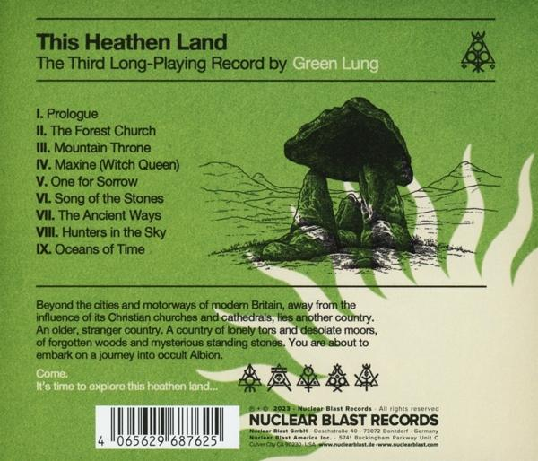 Albumcover mit Text: This Heathen Land. Grüne, illustrierte Landschaft. Liste der Songtitel.