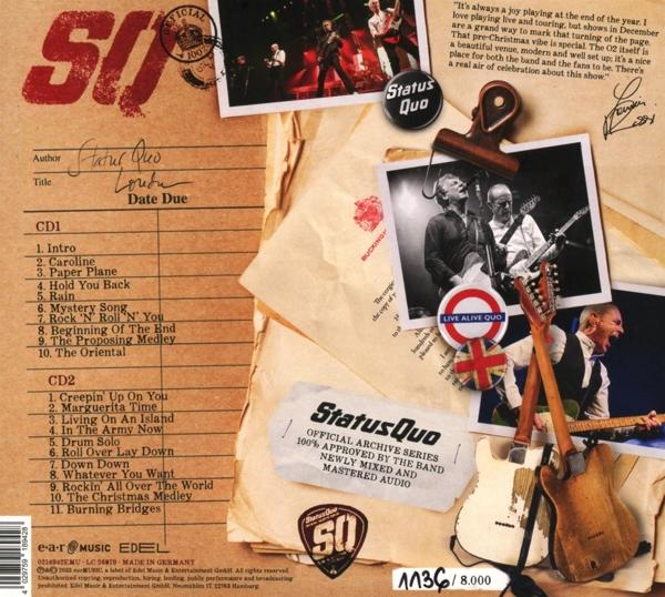 Albumcover von Status Quo mit Fotos von Bandmitgliedern, Titelliste und Text. Der Hintergrund ist gealtertes Papier.