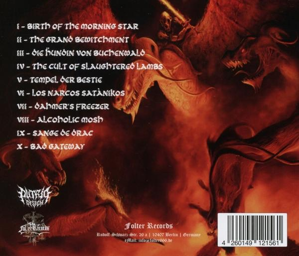 Albumcover mit Drachen und Text. Rote, schwarze und orange Farben. Der Hintergrund ist schwarz.