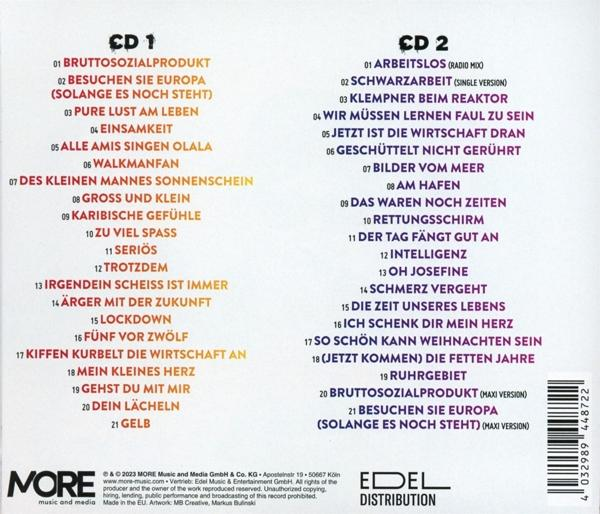 Zwei Albumcover mit Titellisten auf Deutsch und einem Firmenlogo unten.