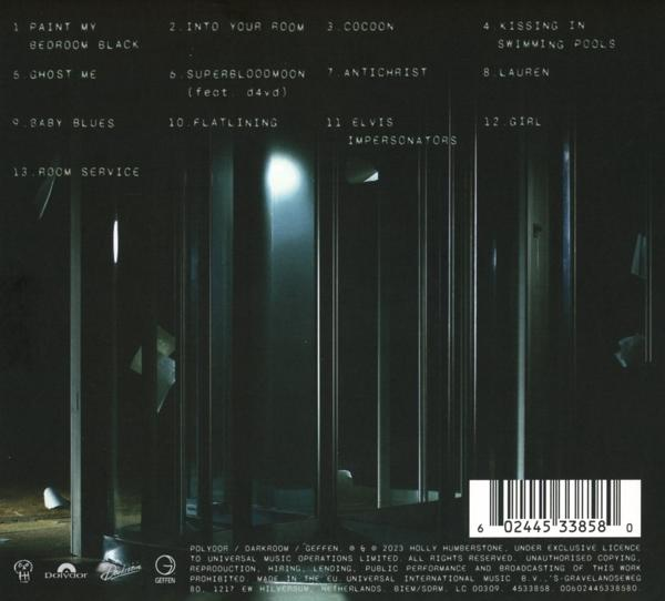 Albumcover mit Titelliste. Schwarzer Hintergrund mit vertikalen Linien und einem Barcode.