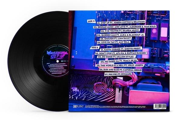 Vinyl-Schallplatte mit Albumcover. Die Platte ist schwarz, und das Cover zeigt Titellisten und Kunst.