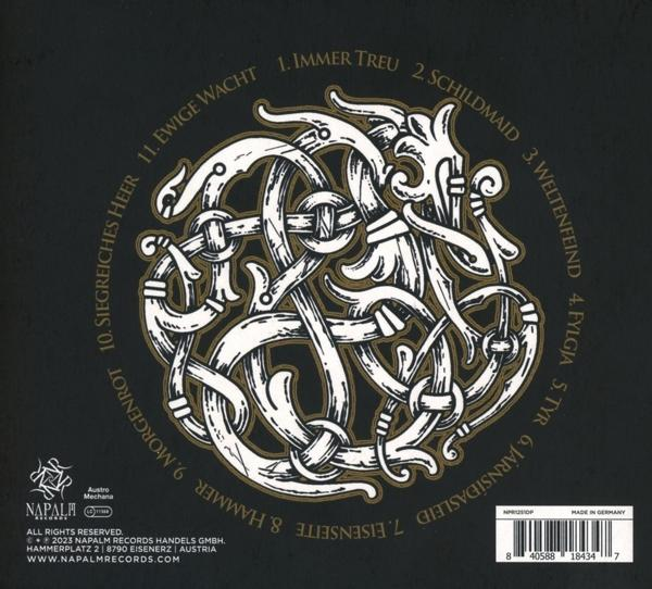 Albumcover mit weißem und goldenem Design auf schwarzem Hintergrund, mit Titeln und Logo unten.