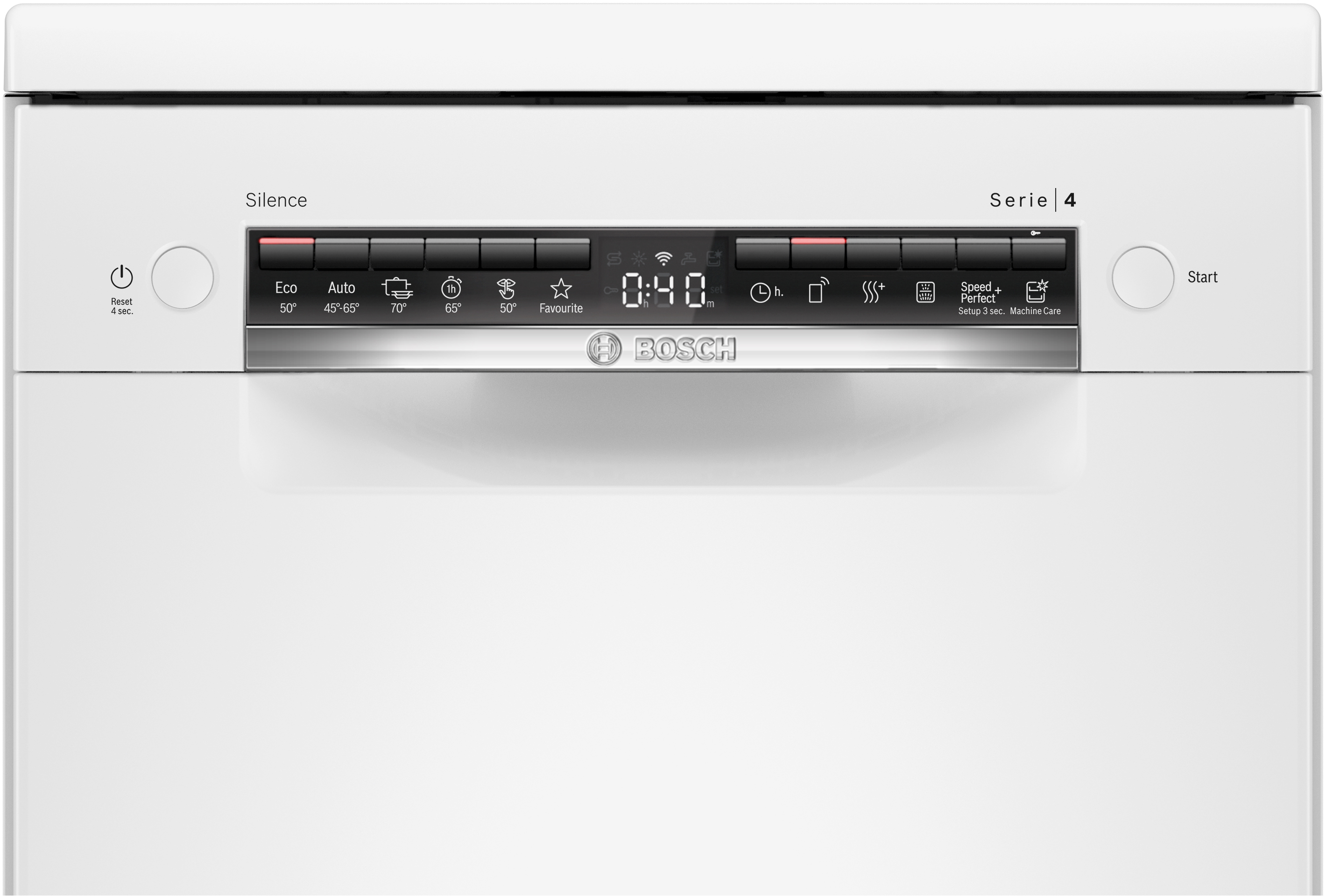 Ein weißes Bosch-Geschirrspüler-Bedienfeld mit Tasten und einer Digitalanzeige.