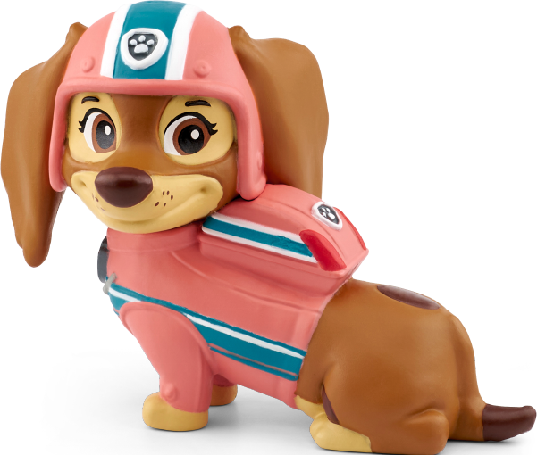 Cane dei cartoni animati con casco e uniforme rosa. Pelo e orecchie marroni, in piedi su una superficie.