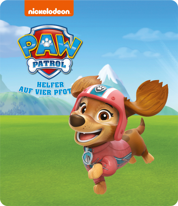 Cane dei cartoni animati in uniforme rosa, sorridente. Loghi Nickelodeon e PAW PATROL sullo sfondo.