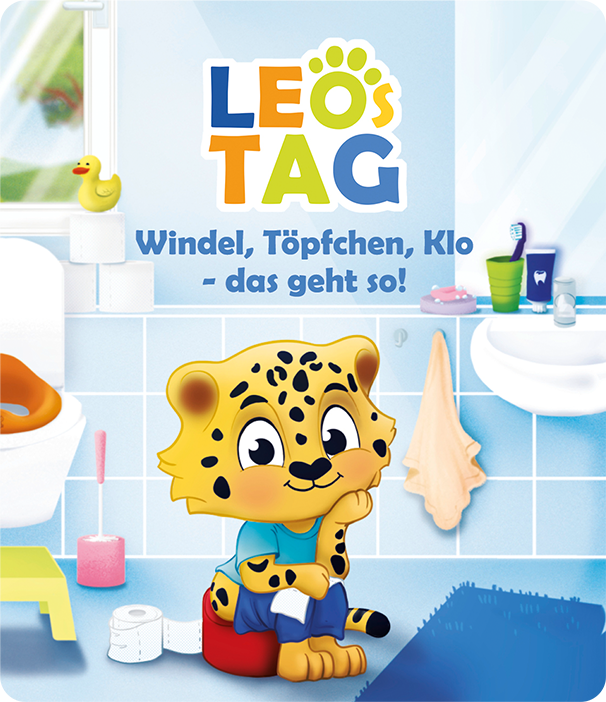 Cartoon-Leopard auf einer Toilette, mit Text auf Deutsch: Leo's Tag.