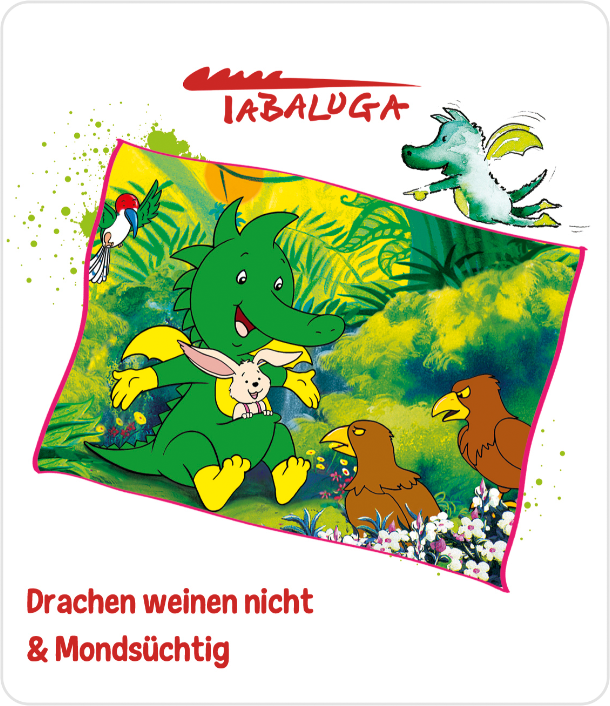 Cartoonbild eines grünen Drachen und anderer Charaktere auf rotem und weißem Hintergrund.