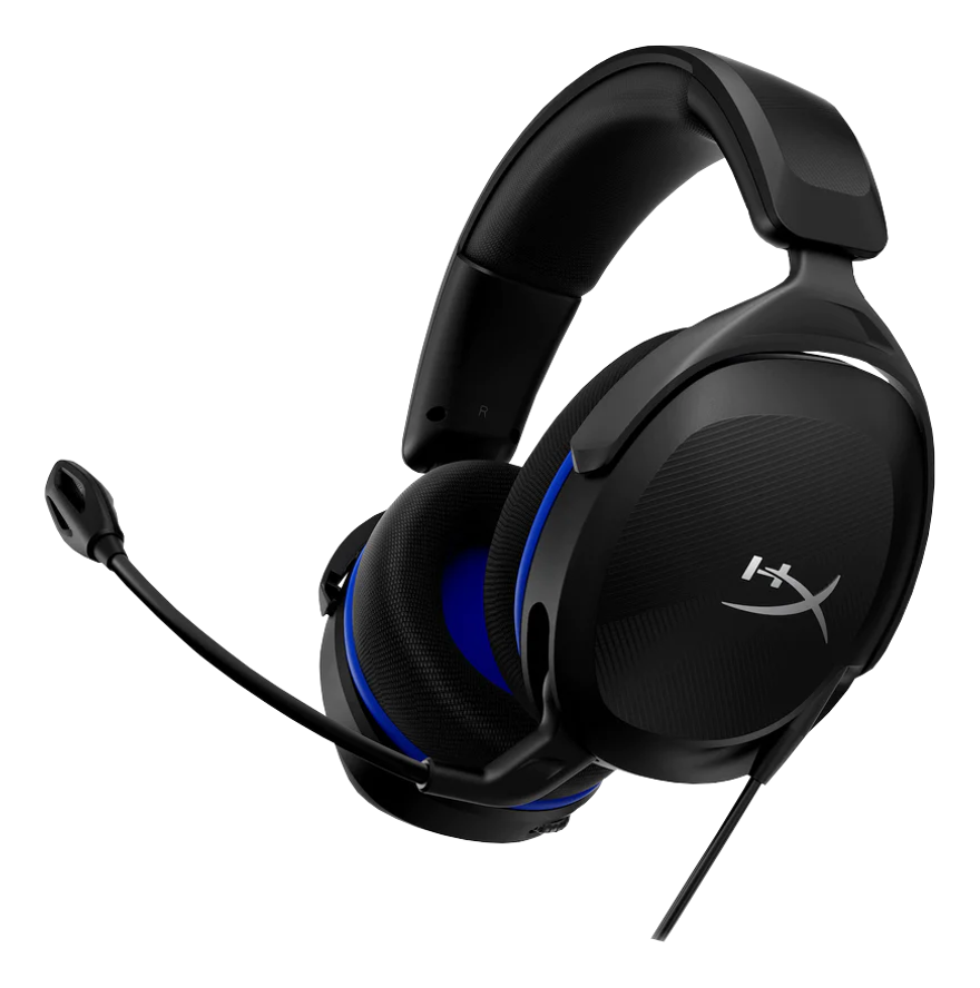 Schwarzes und blaues Gaming-Headset. Es hat ein Mikrofon und ein Logo auf der Ohrmuschel.