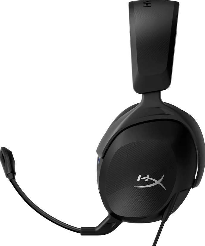 Schwarzes HyperX Gaming-Headset mit Mikrofon. Das HyperX-Logo befindet sich auf der Ohrmuschel.