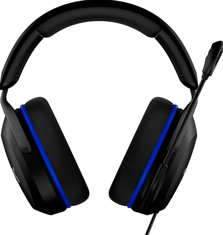 Schwarzes Headset mit blauen Akzenten. Mikrofon ausgefahren.