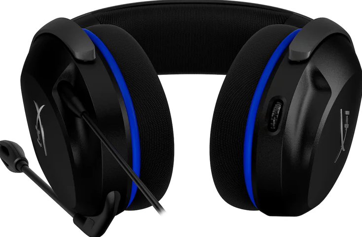 Schwarzes und blaues Gaming-Headset mit Mikrofon, das die Ohrmuscheln, das Kopfband und den Mikrofonarm zeigt.