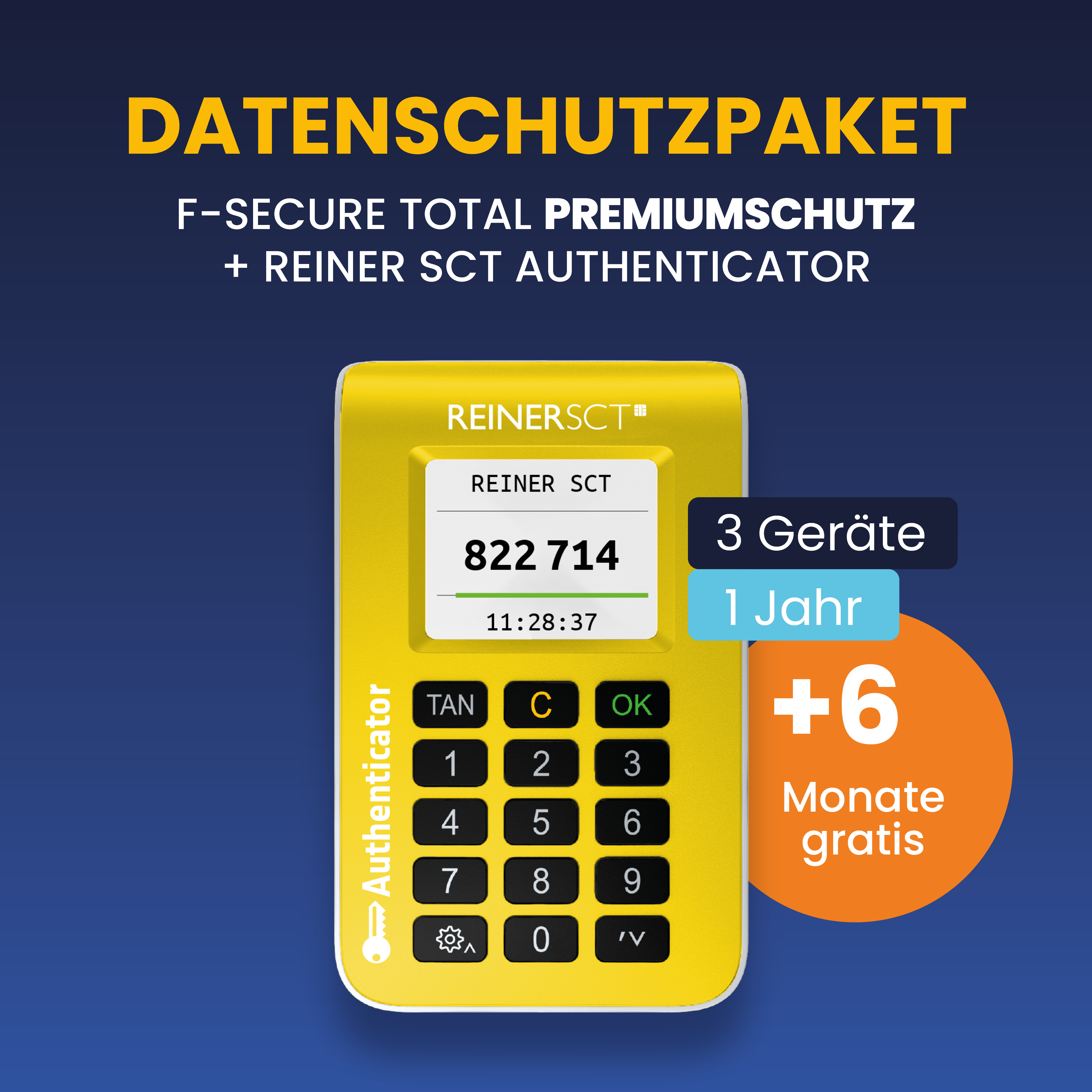 Gelbes Authentifizierungsgerät mit Display und Tasten, mit Text und blauem Hintergrund.