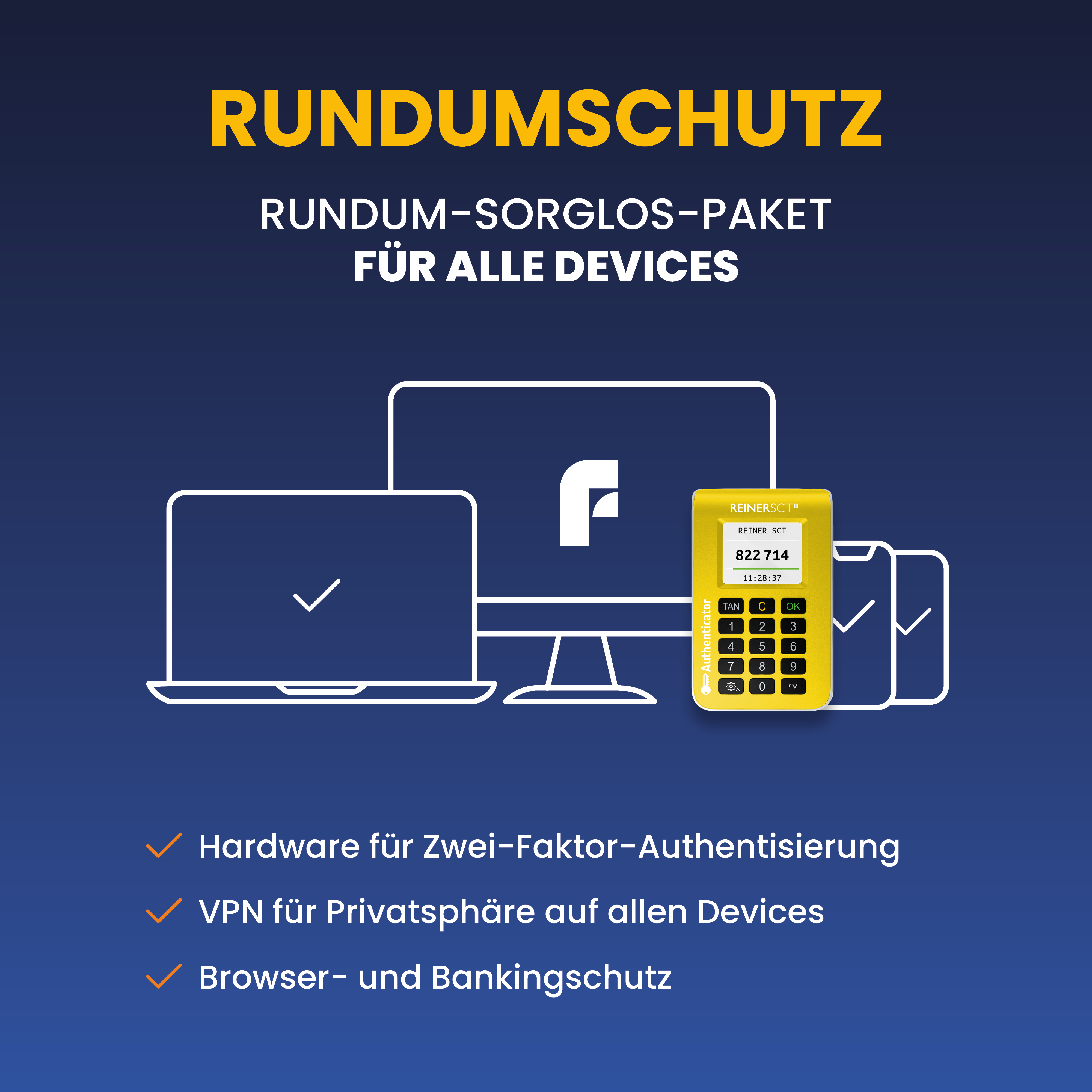 Ein weißes und gelbes Gerät mit Laptop, Computer und Telefon-Symbolen, mit Häkchen und Text.