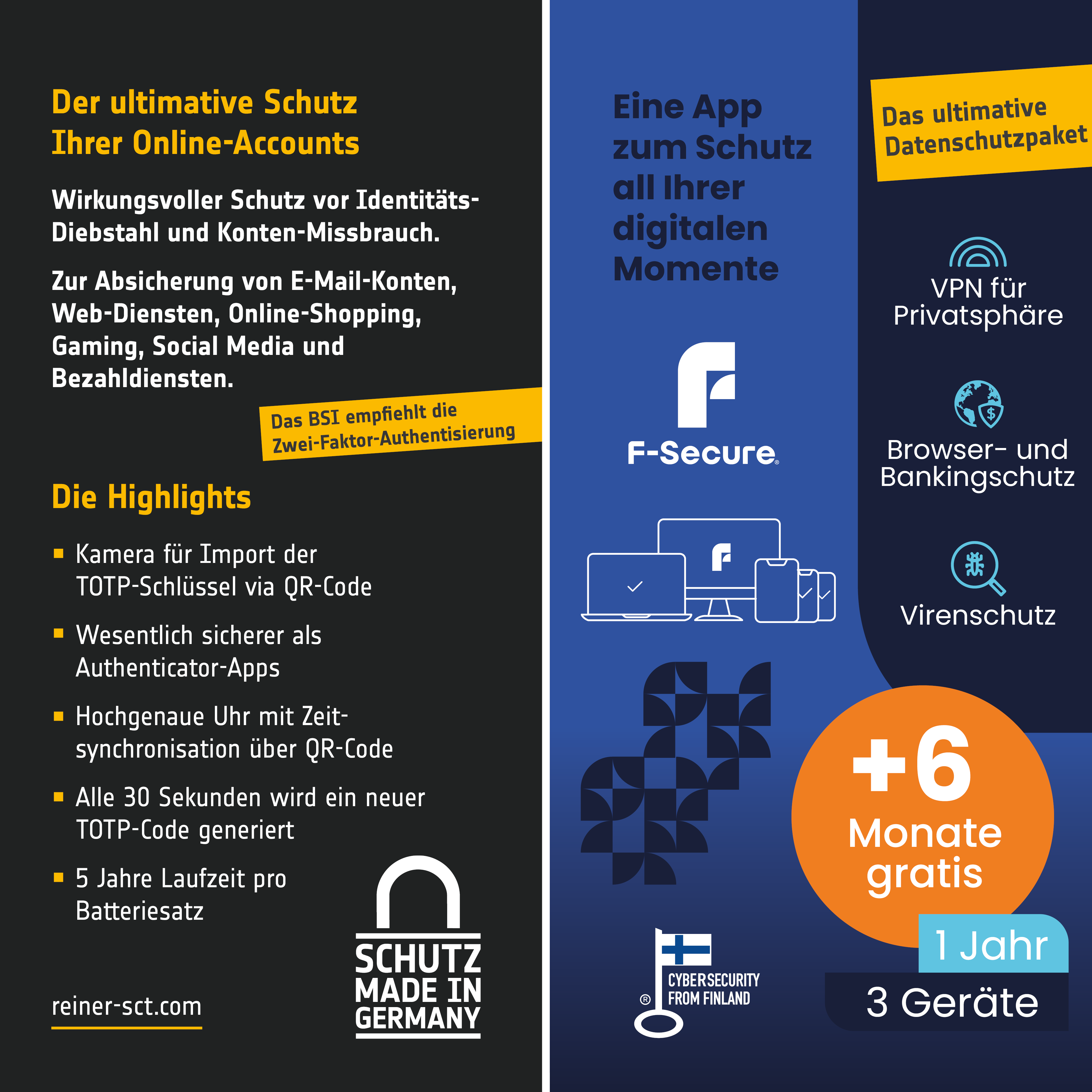Eine Werbeanzeige mit Text und Symbolen. Bietet Schutz für Online-Konten und ein F-Secure-Logo.