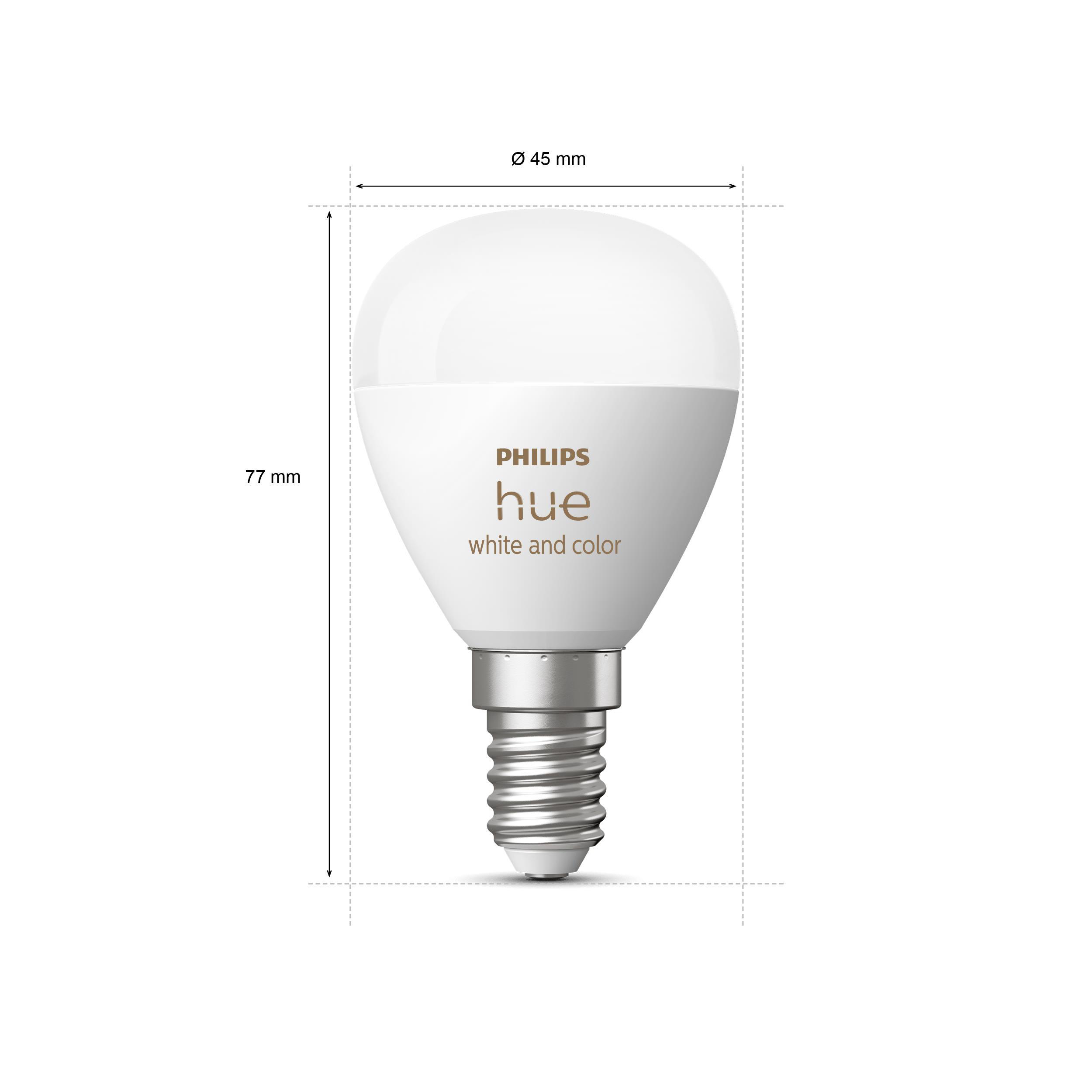 Eine Philips Hue White and Color Smart-Glühbirne, kugelförmig, mit Abmessungen und Details.