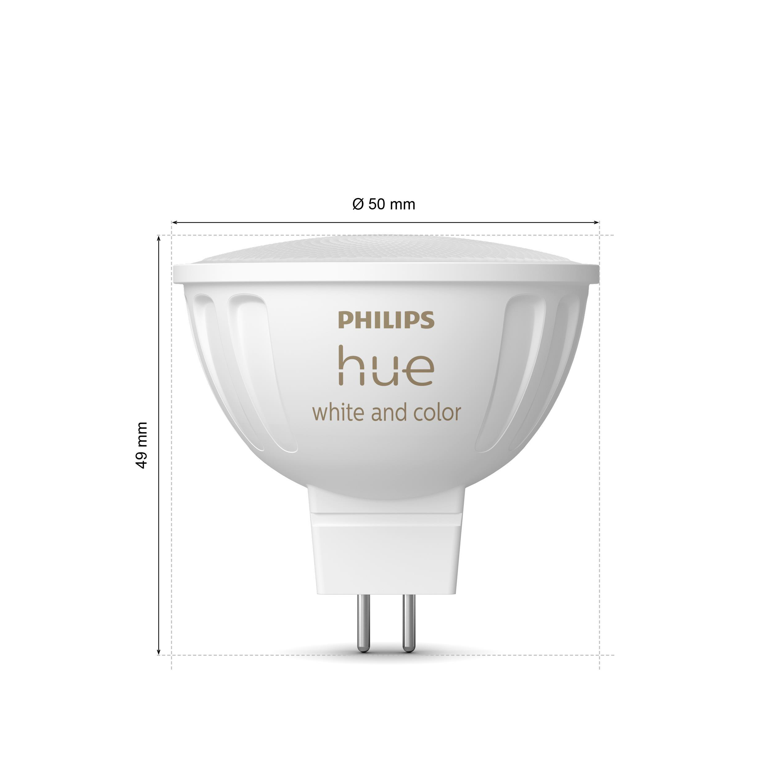 Weiße Philips Hue Smart-Glühbirne mit Abmessungen.