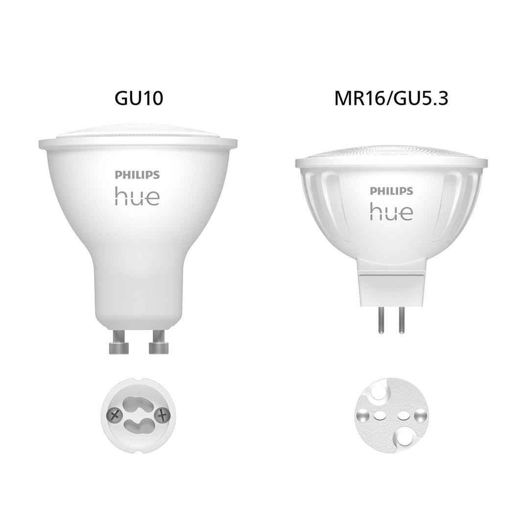 Zwei weiße Philips Hue Glühbirnen, beschriftet GU10 und MR16/GU5.3, auf weißem Hintergrund.