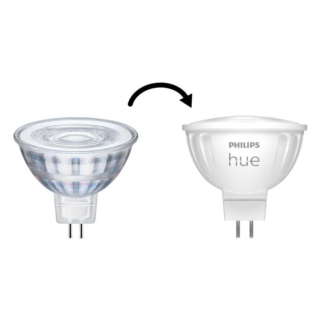 Zwei Philips Hue Glühbirnen, eine links und eine rechts mit Pfeil.