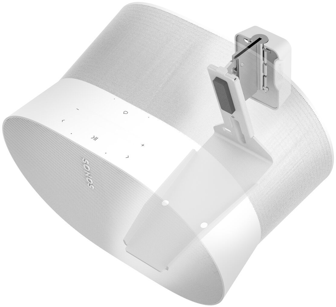 Ein weißer Sonos-Lautsprecher mit Wandhalterung, der die Lautsprecher- und Halterungskomponenten zeigt.