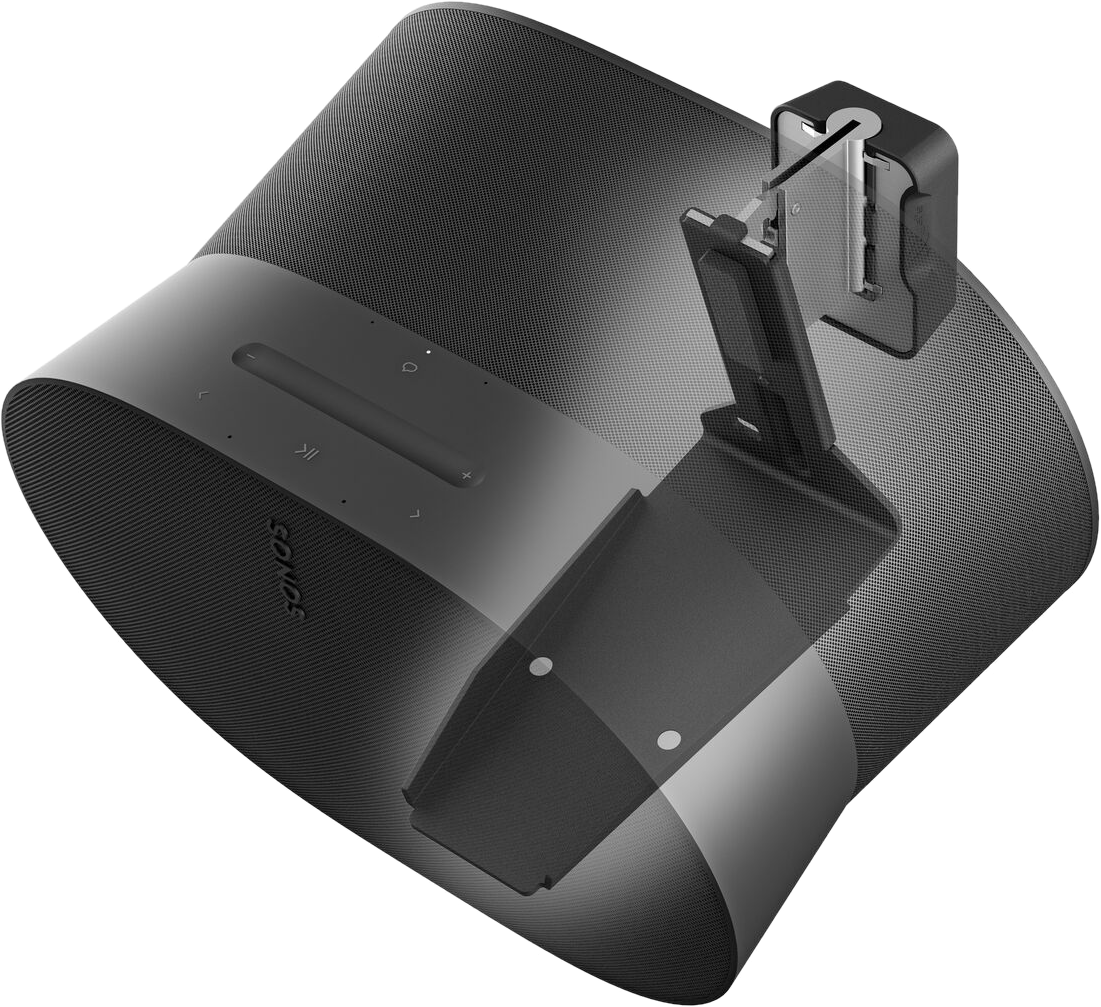 Ein schwarzer Sonos-Lautsprecher mit Ständer und Dock für ein Telefon.