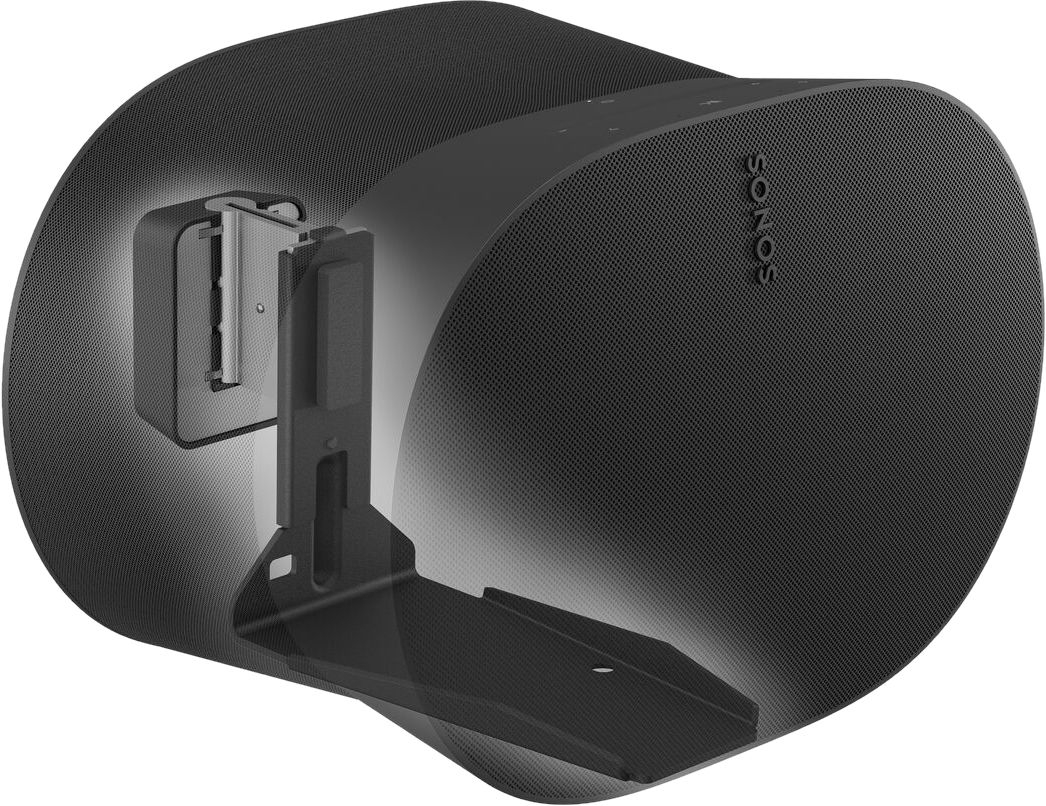 Sonos-Lautsprecher und Wandhalterung, schwarz, schräge Ansicht.