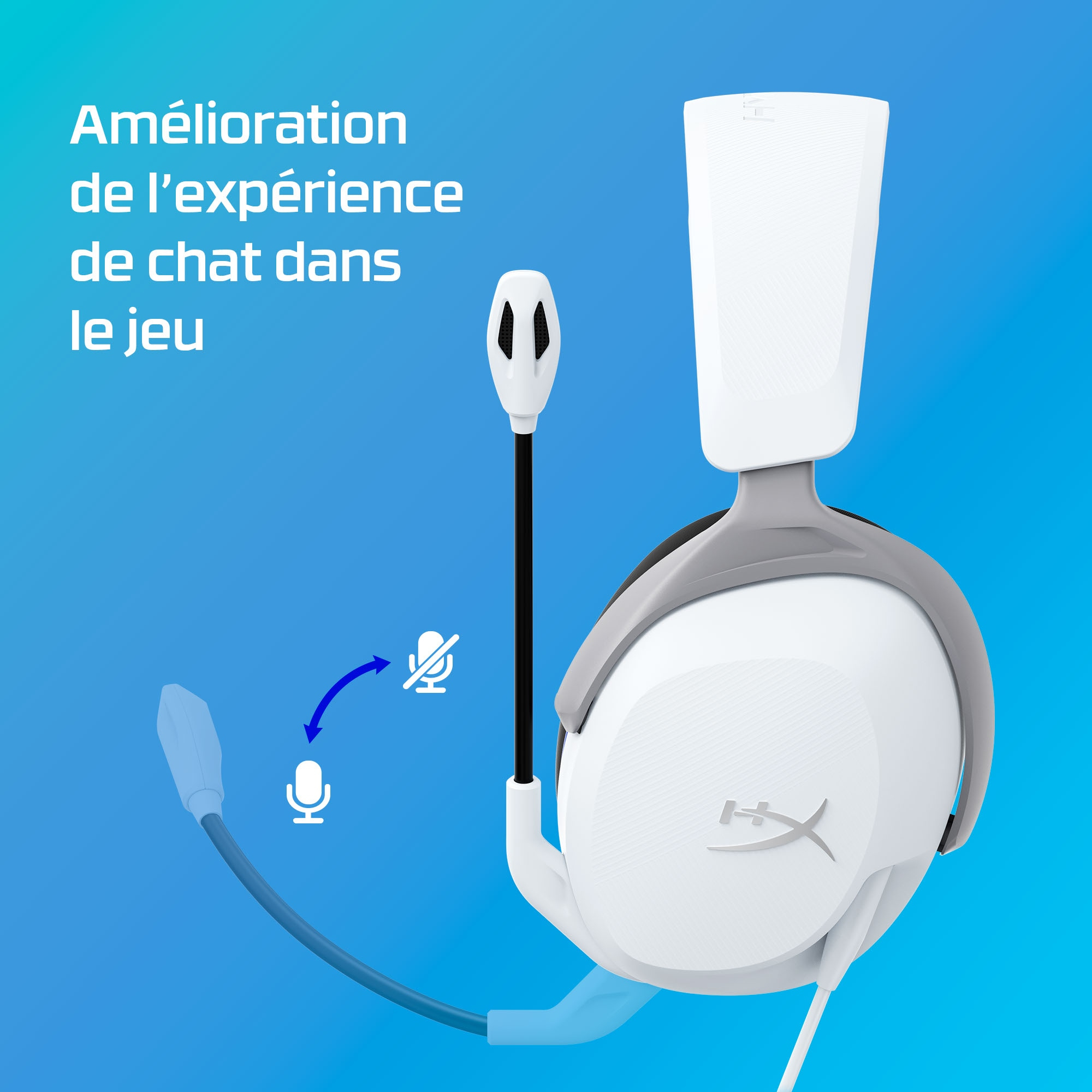 Weißes Gaming-Headset mit Mikrofon, das zeigt, dass das Mikrofon stummgeschaltet werden kann.