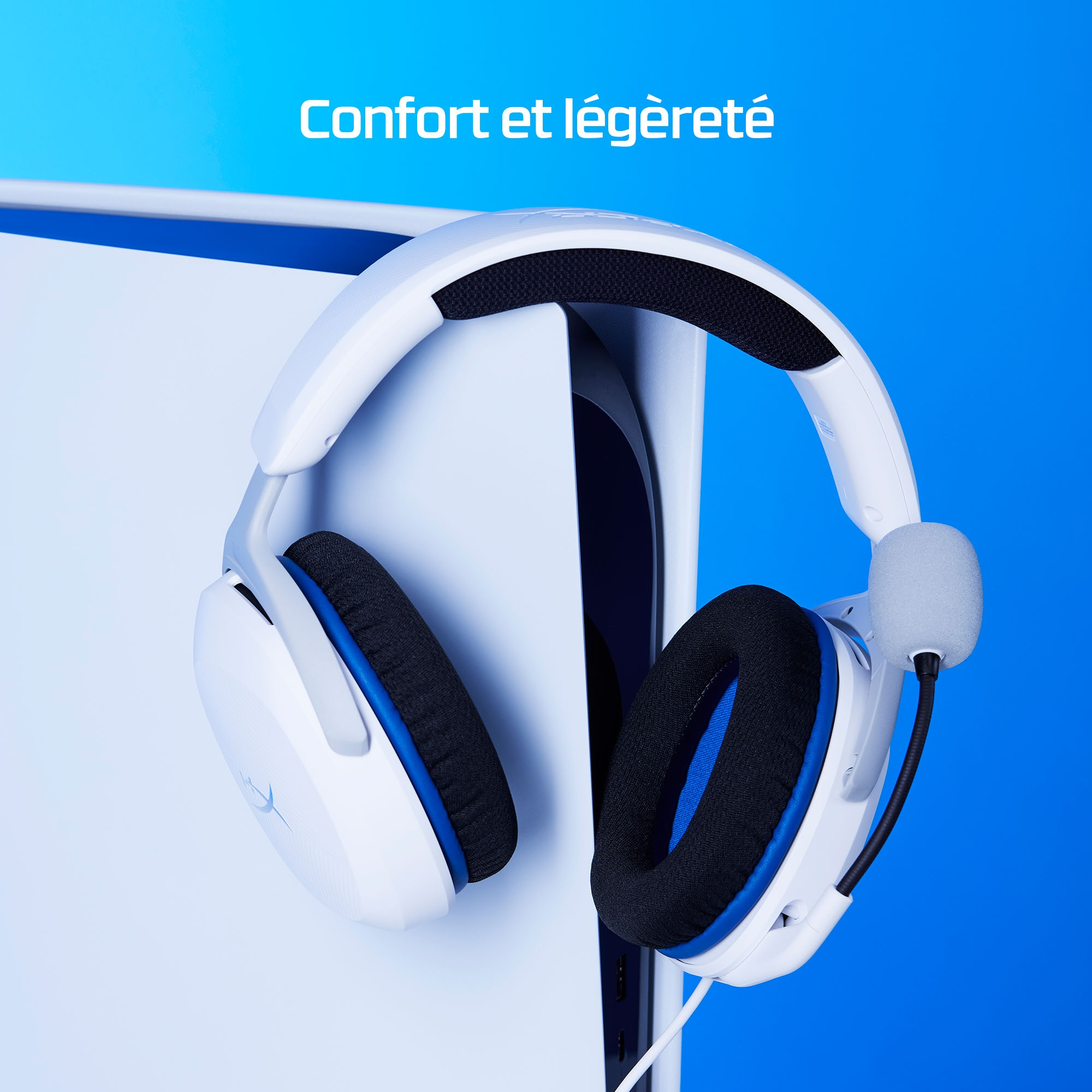 Weißes Headset mit blauen Akzenten und Mikrofon.