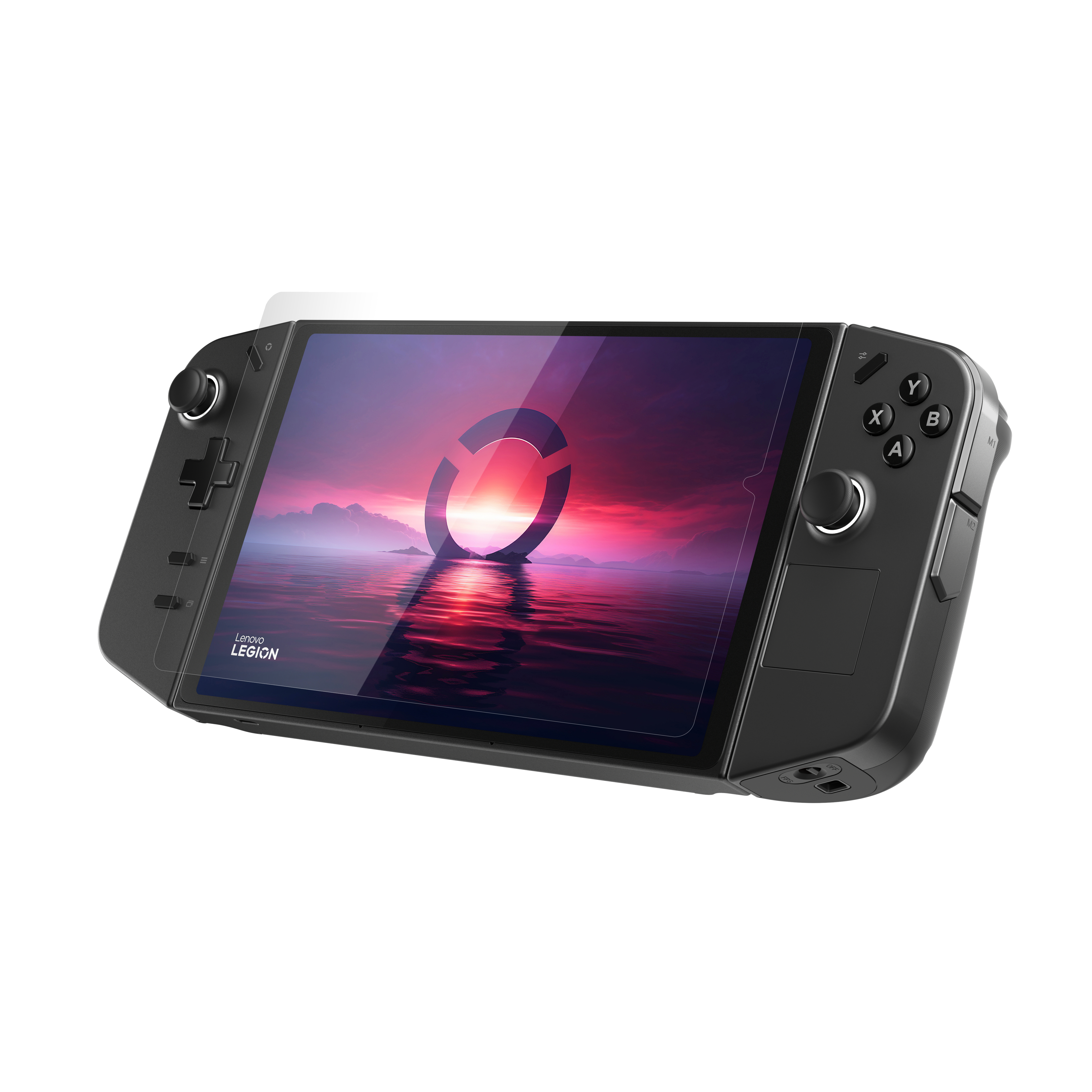 Schwarze Handheld-Spielkonsole mit aufgebrachter Displayschutzfolie, freigestellt.