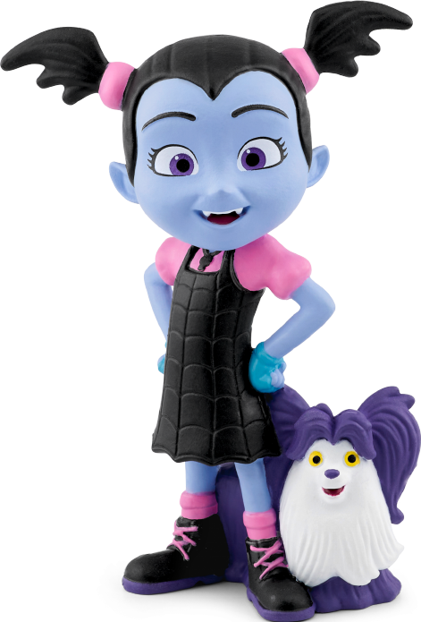 Ein Cartoon-Mädchen mit Vampirzügen und einem weißen Hund. Das Mädchen hat Zöpfe und ein schwarzes Kleid.