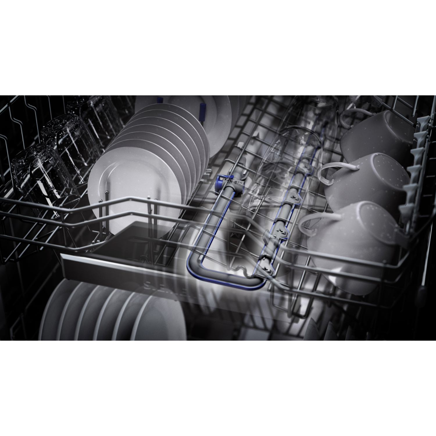 Dishwasher interior filled with dishes. Plates, cups, and silverware are in the racks.