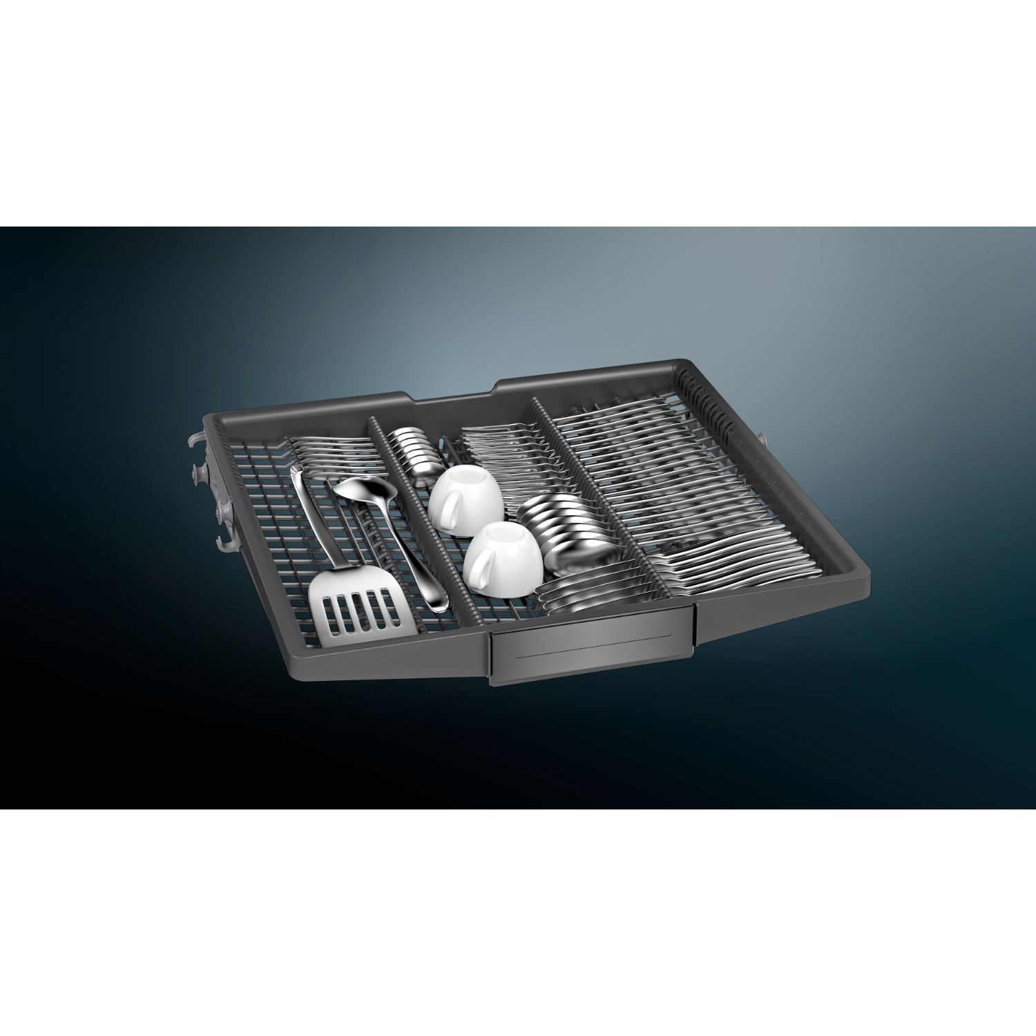 Dishwasher tray with silverware, cups, and utensils. Black background.