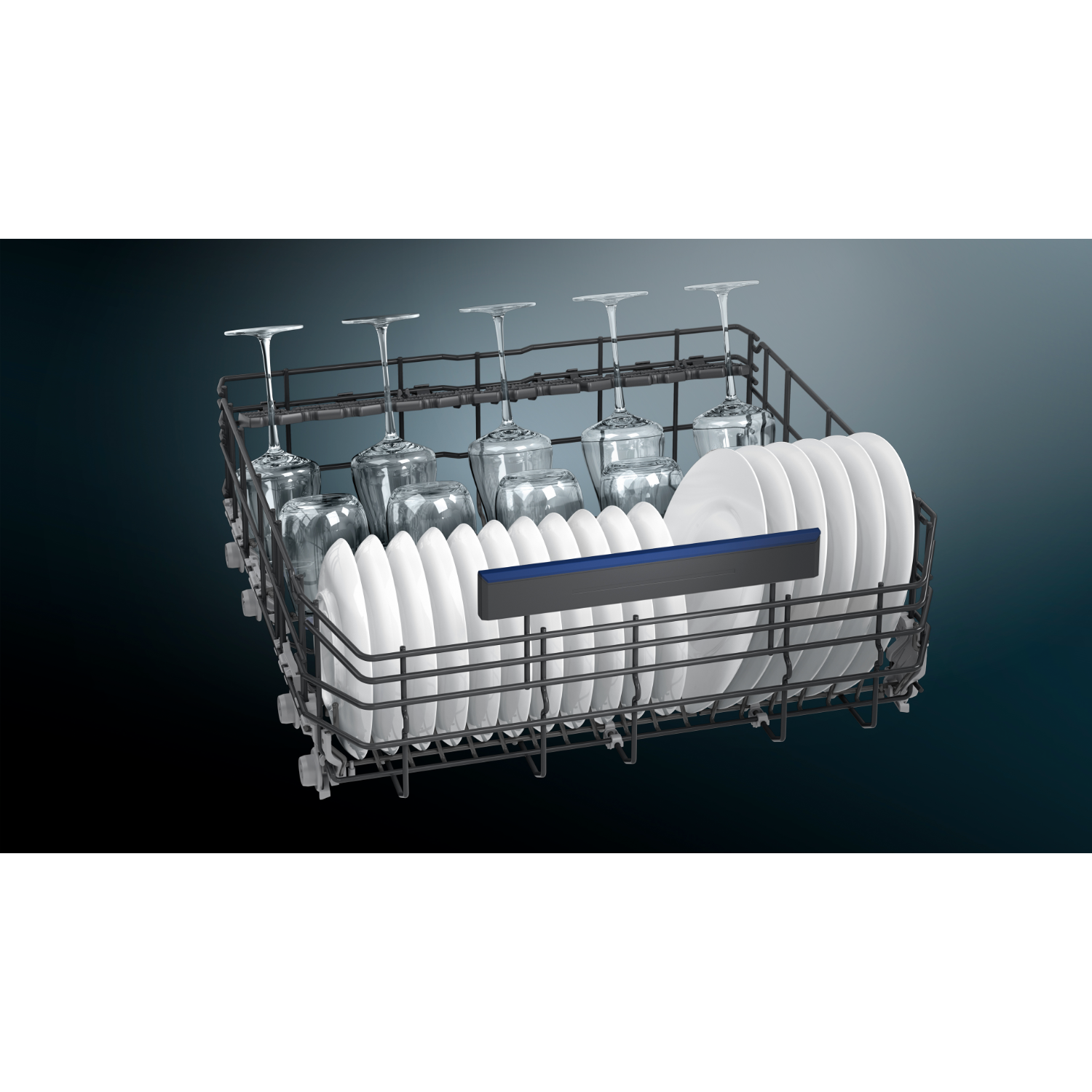 A dishwasher basket with glasses and plates. Black background.