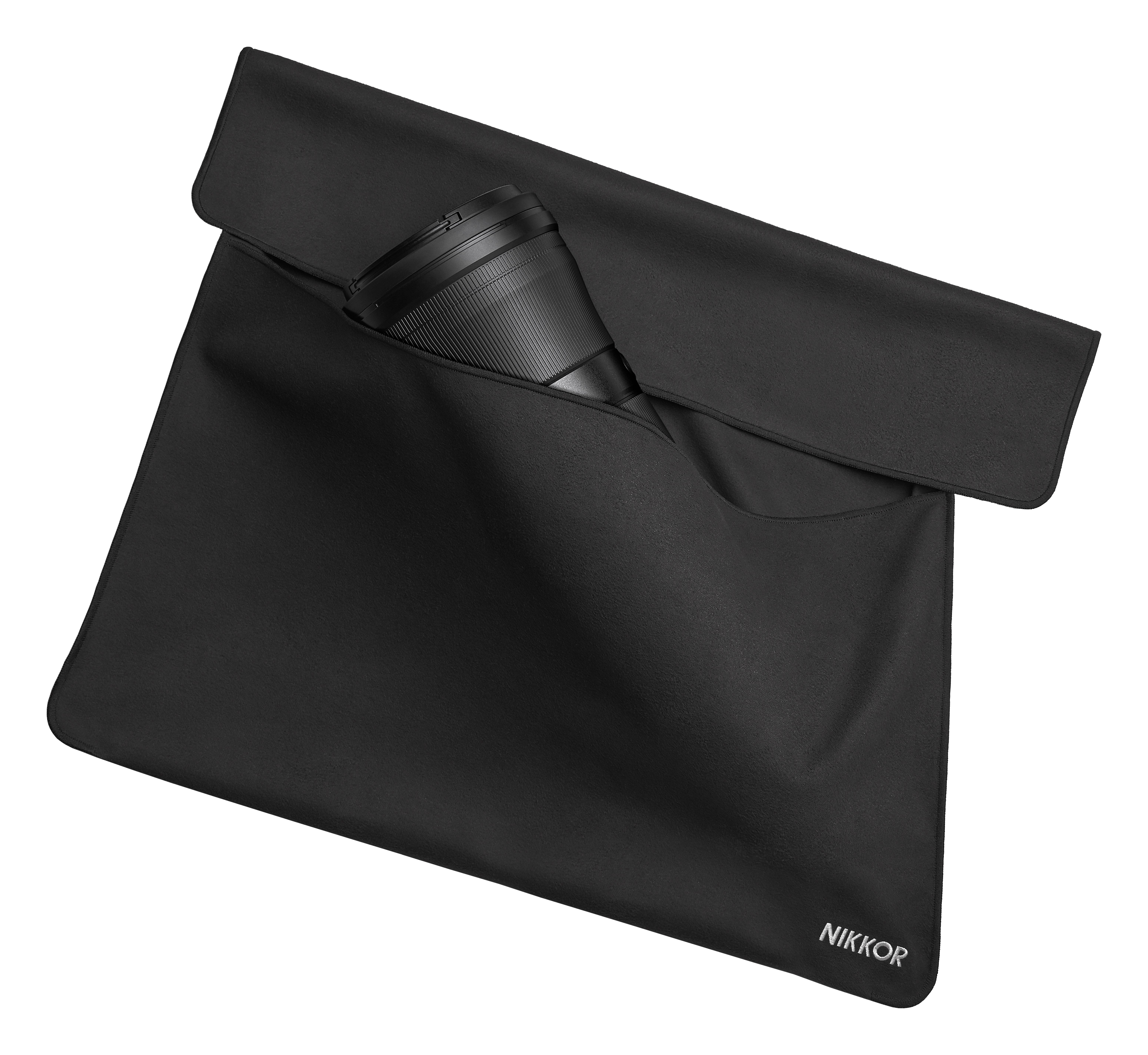 Schwarze Objektivtasche mit einem Objektiv darin.