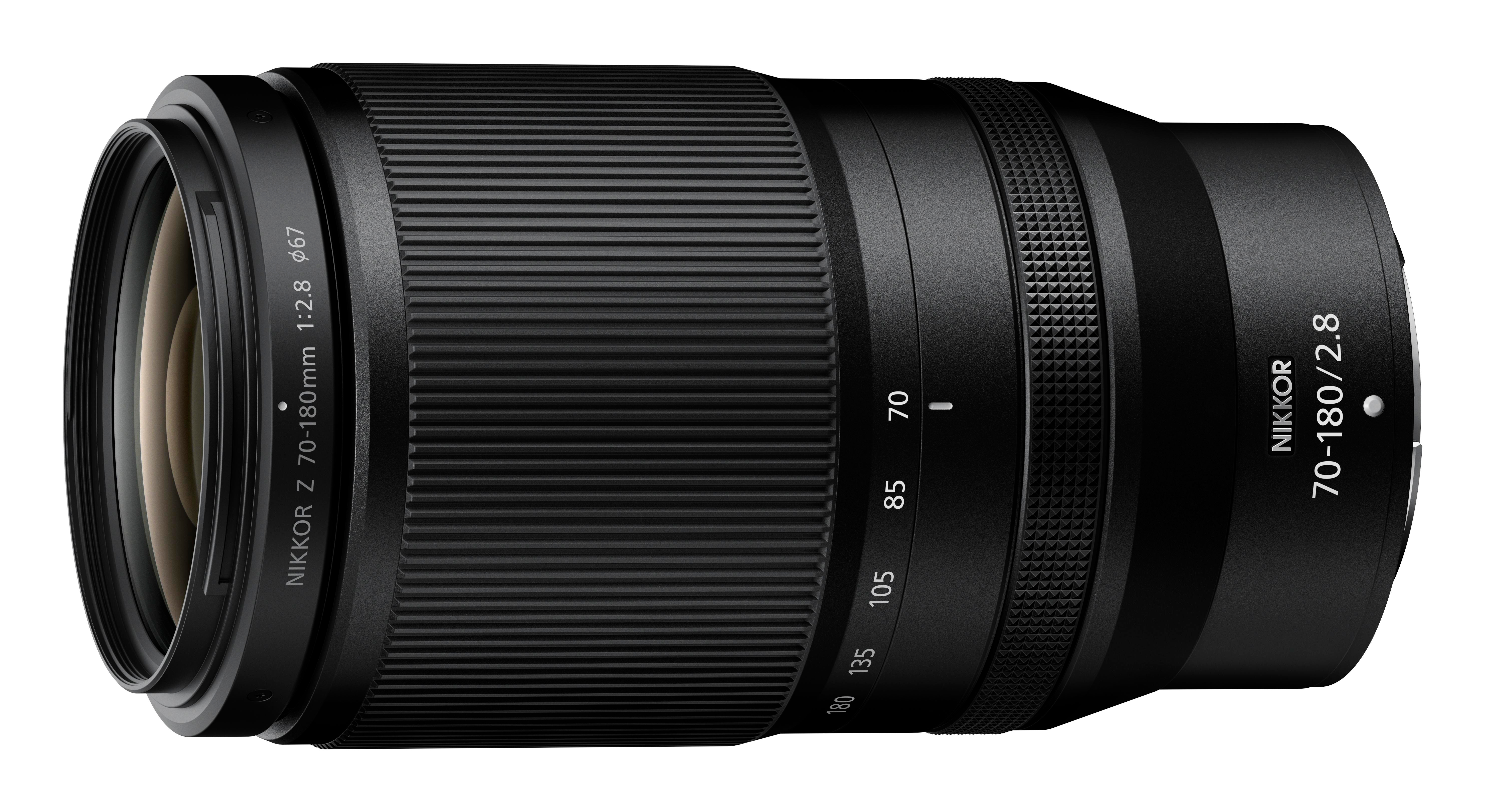 Schwarzes Kameraobjektiv, Nikon, 70-180mm, f/2.8, Objektivdetails.