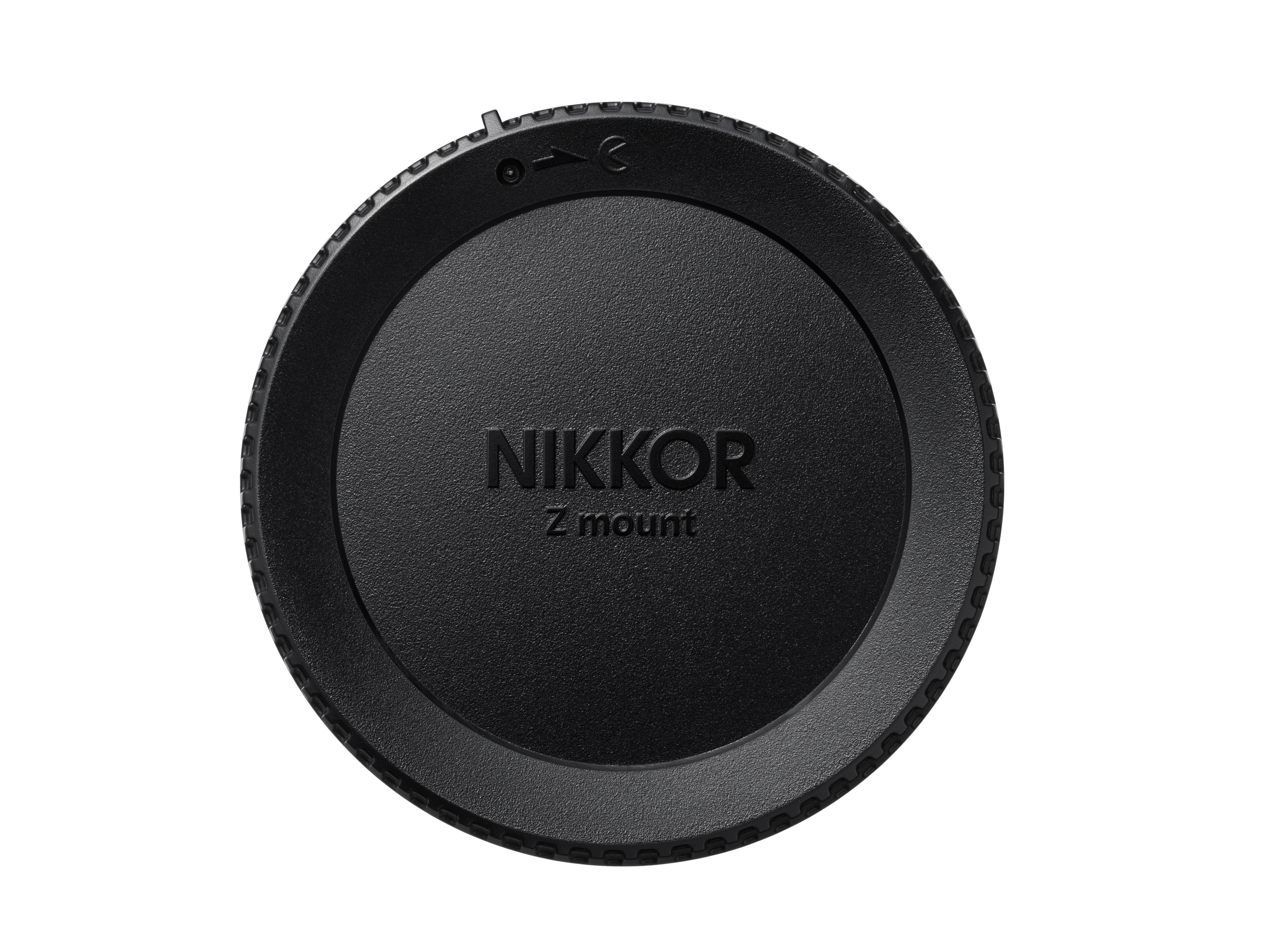 Schwarze Nikon-Objektivkappe mit dem Markennamen 'Nikon' und 'Z mount'.