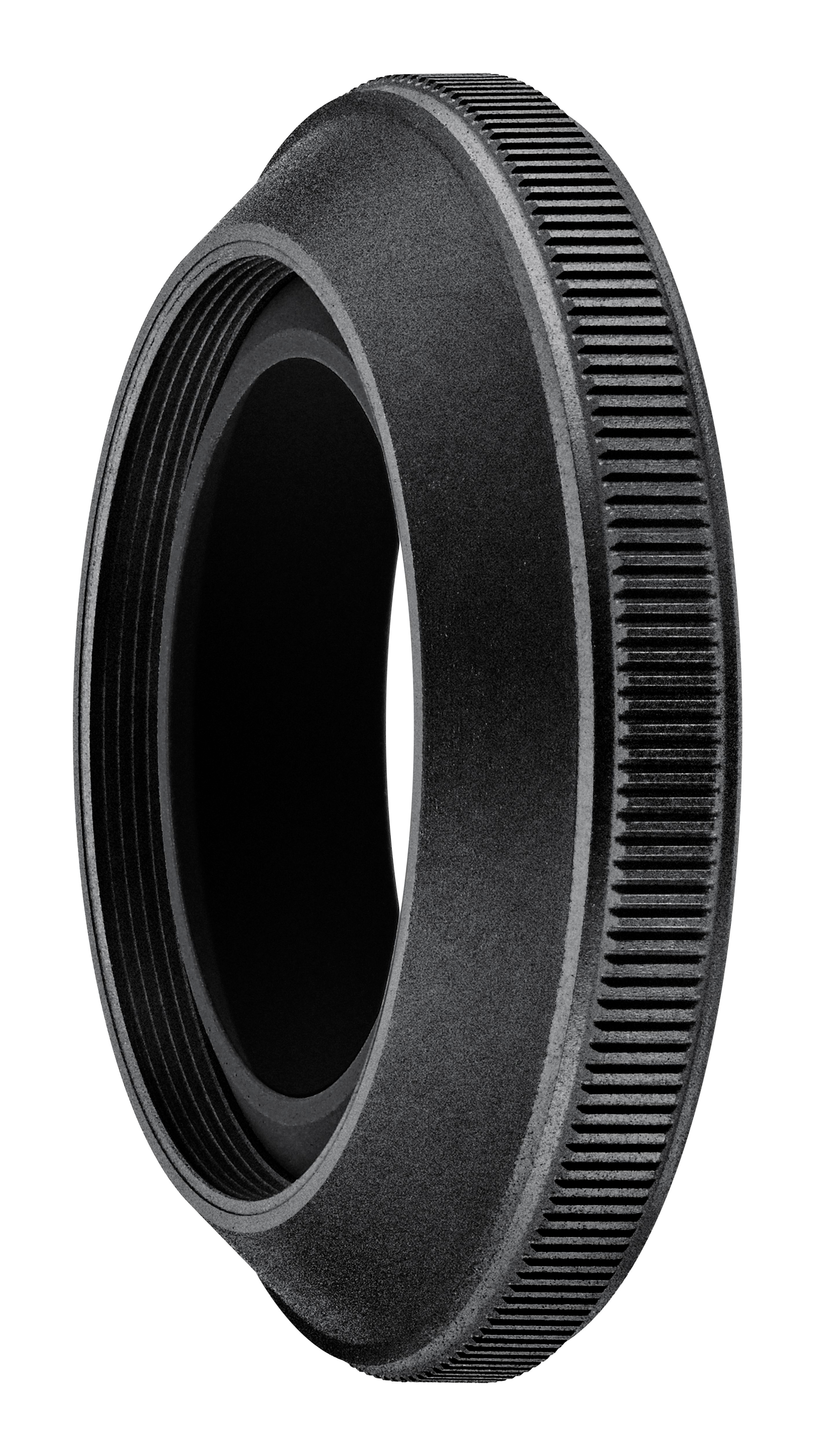 Schwarzer Objektivadapterring mit Gewinden auf beiden Seiten. Er hat einen geriffelten Rand zum Greifen.